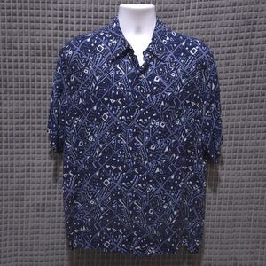 VTG Blue Geometric Hawaiian Shirt Mens Lg SOFT Natural Issue Short Sleeve Button